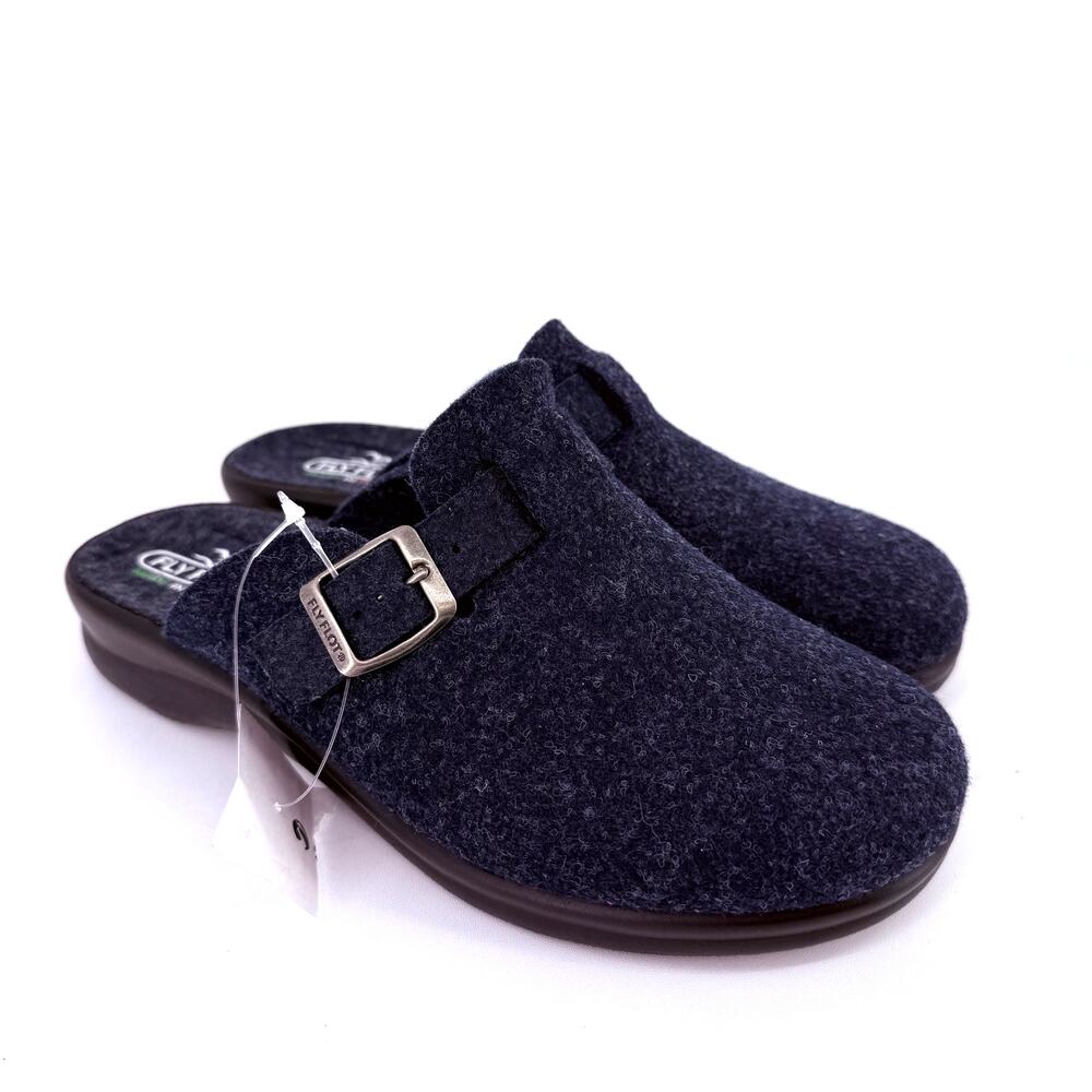 Fly Flot Felt Clog Slip On Slippere Shoes Womens Sz 40 9 Navy Blue Buckle Italy
